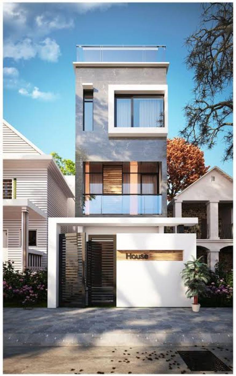 Mặt bằng nhà phố thể hiện cổng lệch, sân đệm, bình phong trước cửa chính