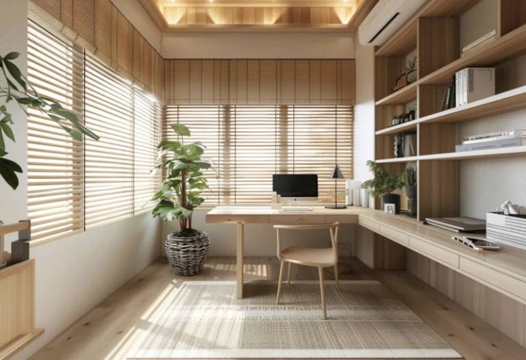 Không gian phòng làm việc được bố trí tông màu gỗ sáng 